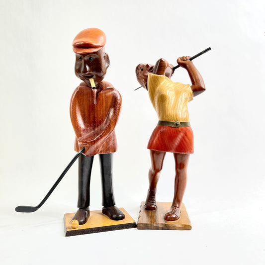 Vintage Hand Carved Wood Golfer Statues (Price is for the pair)