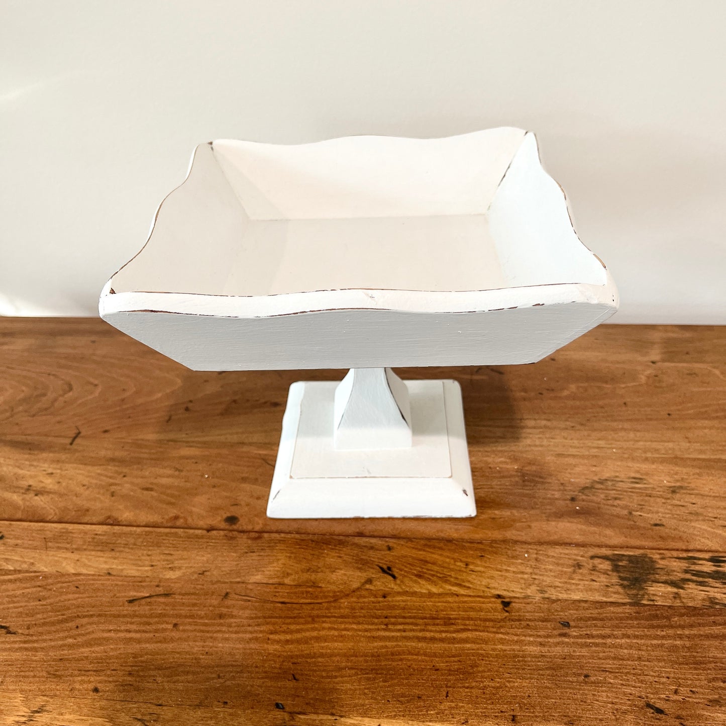 Vintage Wood Pedestal Bowl - White
