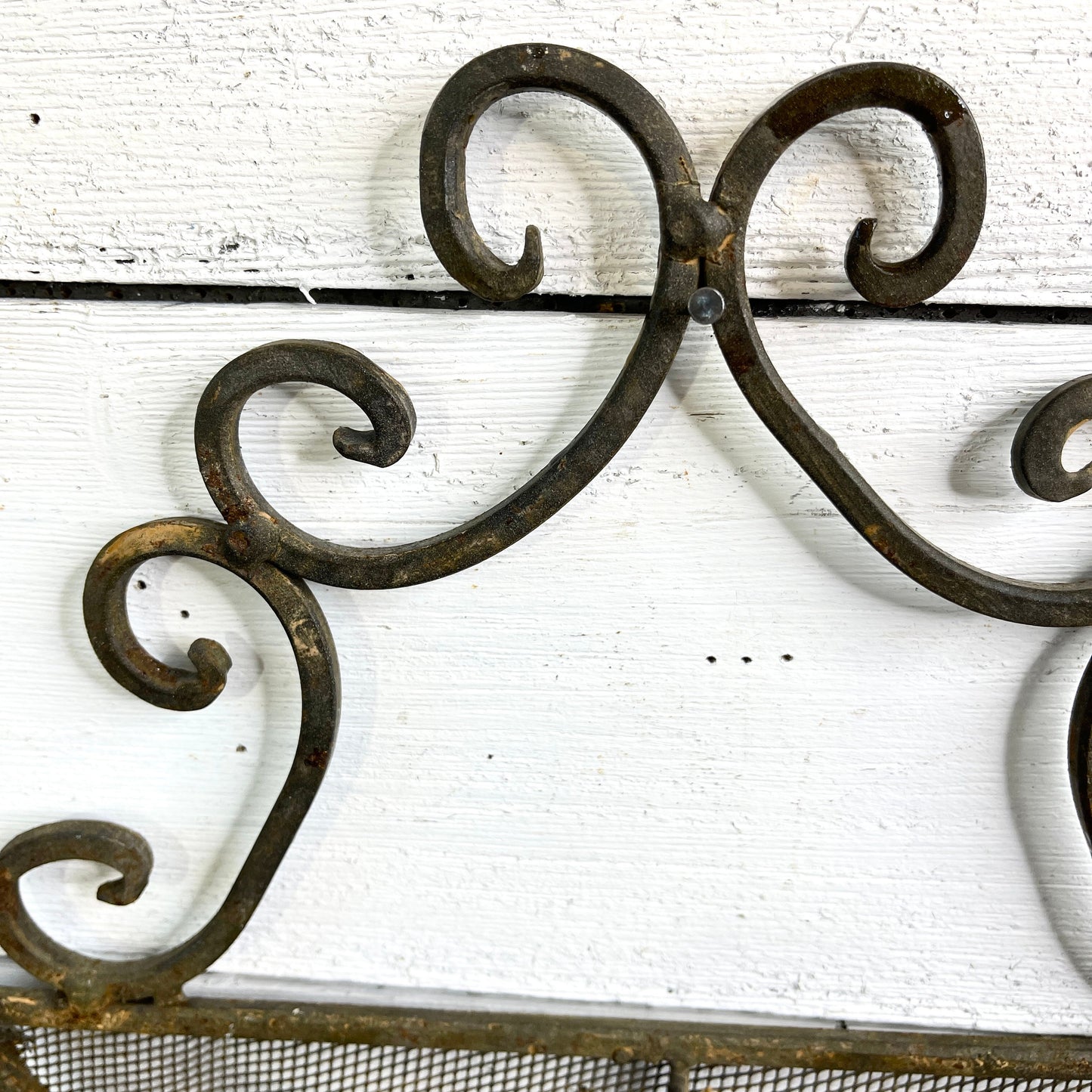 Vintage Wrought Iron Wall Pocket - Wire Mesh